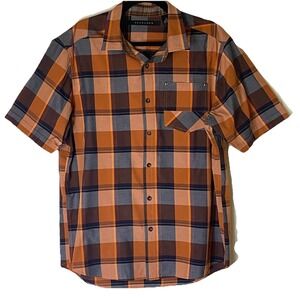 Sean John Men's XL Plaid Button Up Shirt Short Sleeve Orange Blue Cotton Blend